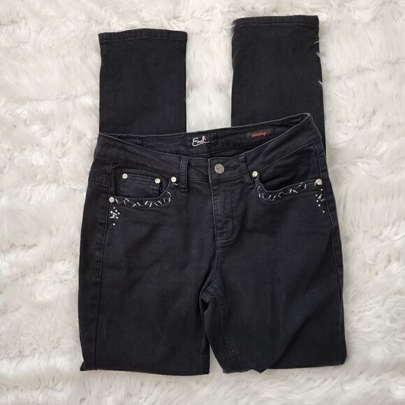 EARL SKINNY FIT MID RISE SEQUIN AND RHINESTONE DETAIL  BLACK JEANS SIZE 6 - Picture 2 of 7